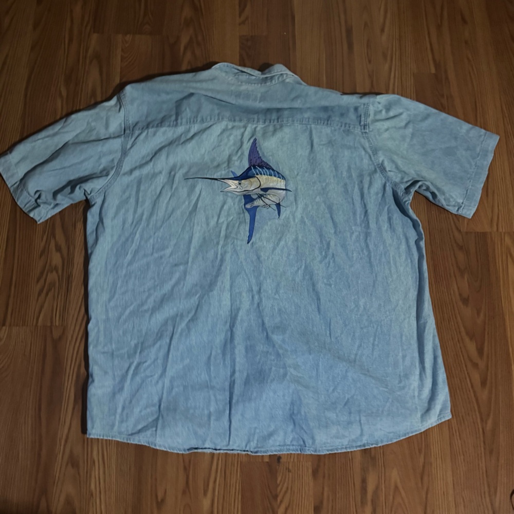 Adventure Wear Blue Denim Top Blue Marlin Embroidered Size XXL‎ Fishing Vintage